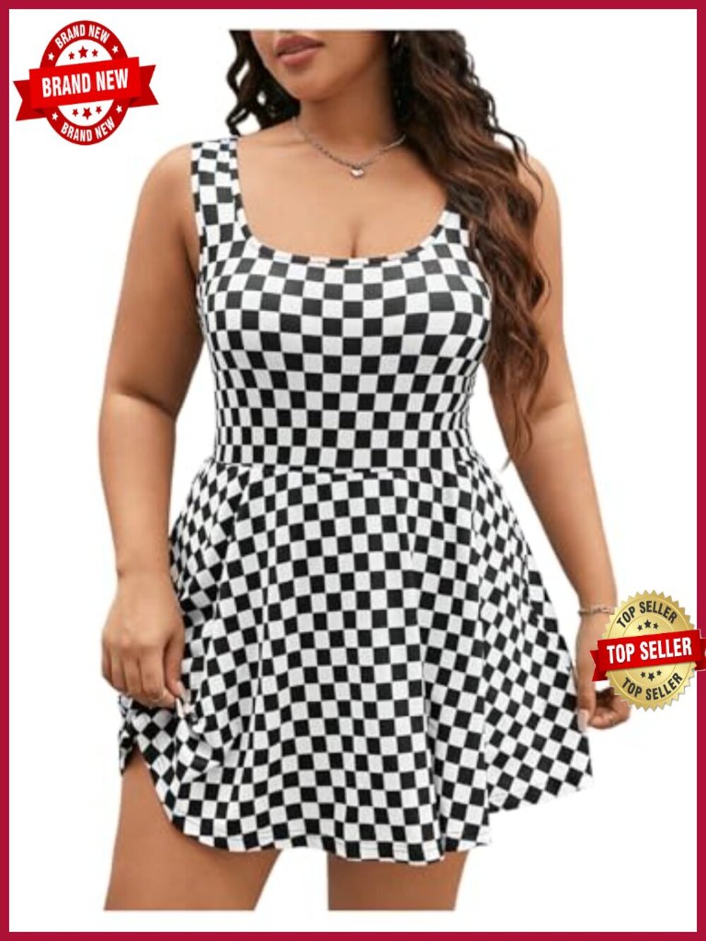 Plus Size Checkered Mini Romper Dress with Built in Shorts Sleeveless Ruffle Hem